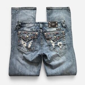 Y2K Miss Me blue bootcut jeans with floral embroidery and studs